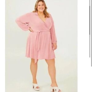 Arula Pink‎ Faux Wrap Tie Waist Long Sleeve Mini Dress Size C 3X Stretchy Slinky